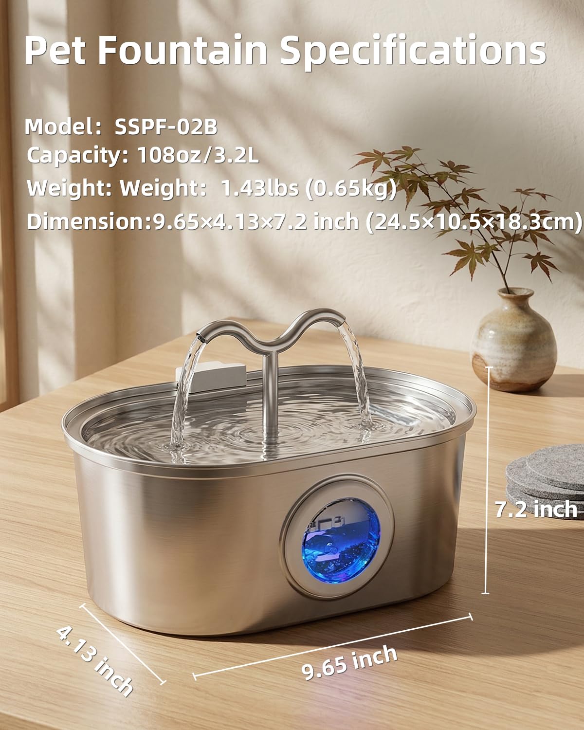 3.2L Stainless Steel Cat Water Fountain Dual Spouts