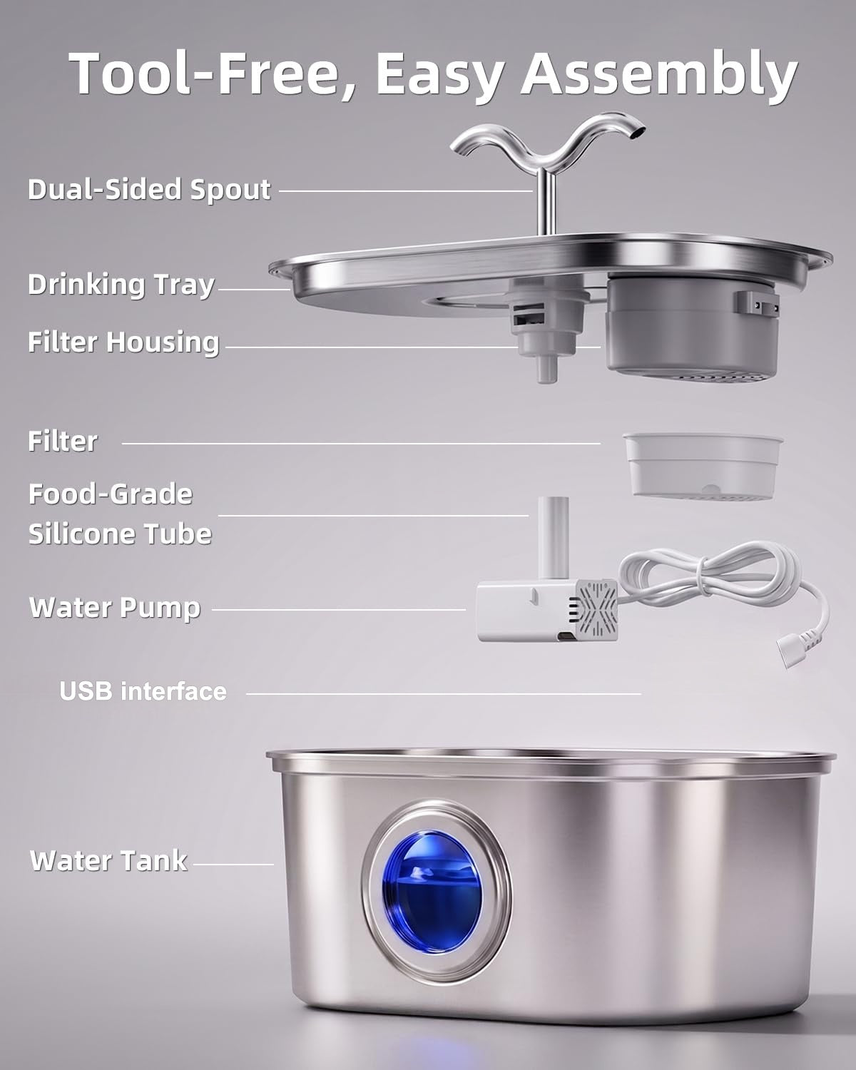 3.2L Stainless Steel Cat Water Fountain Dual Spouts