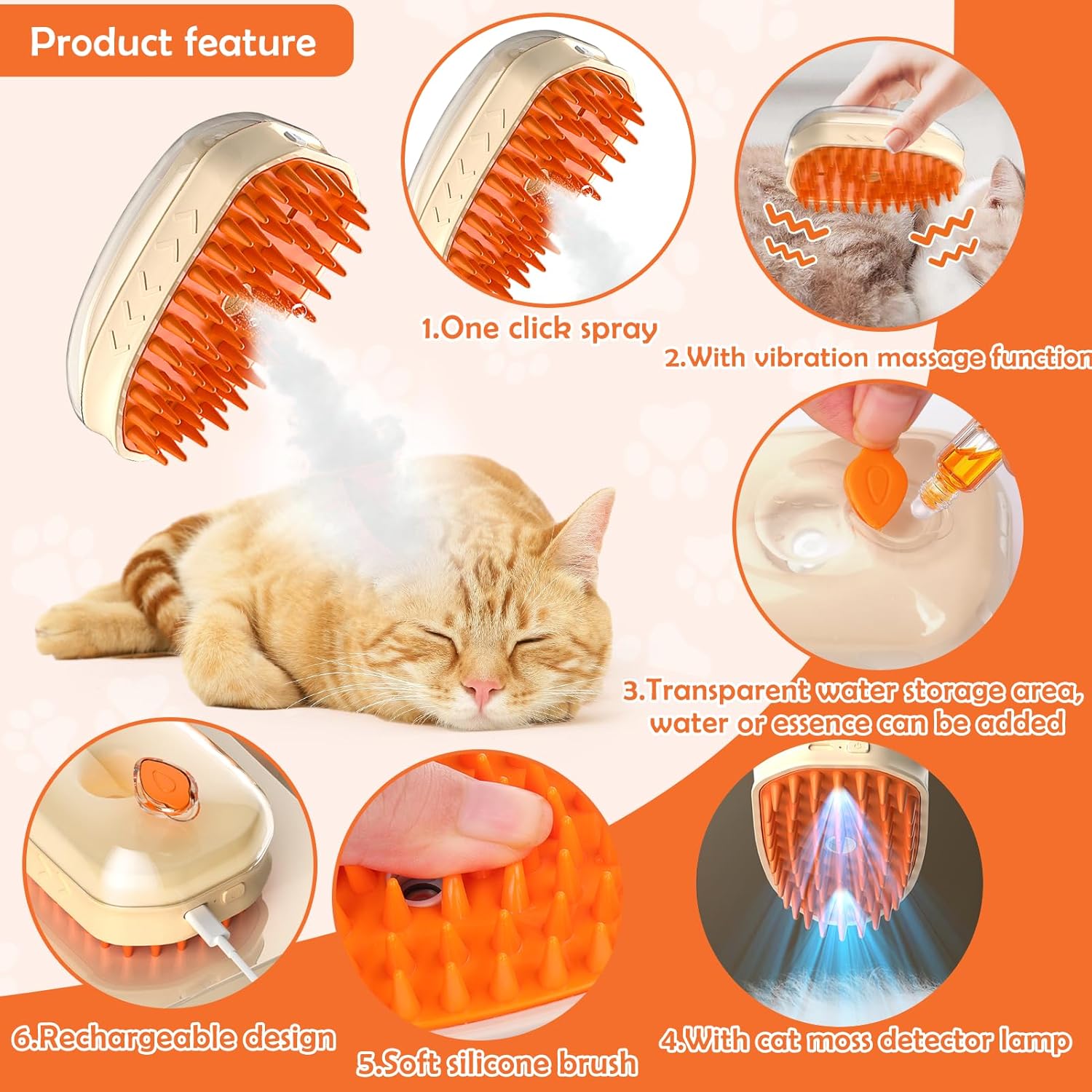 4-in-1 Steam Cat Grooming Brush with Ringworm Detector