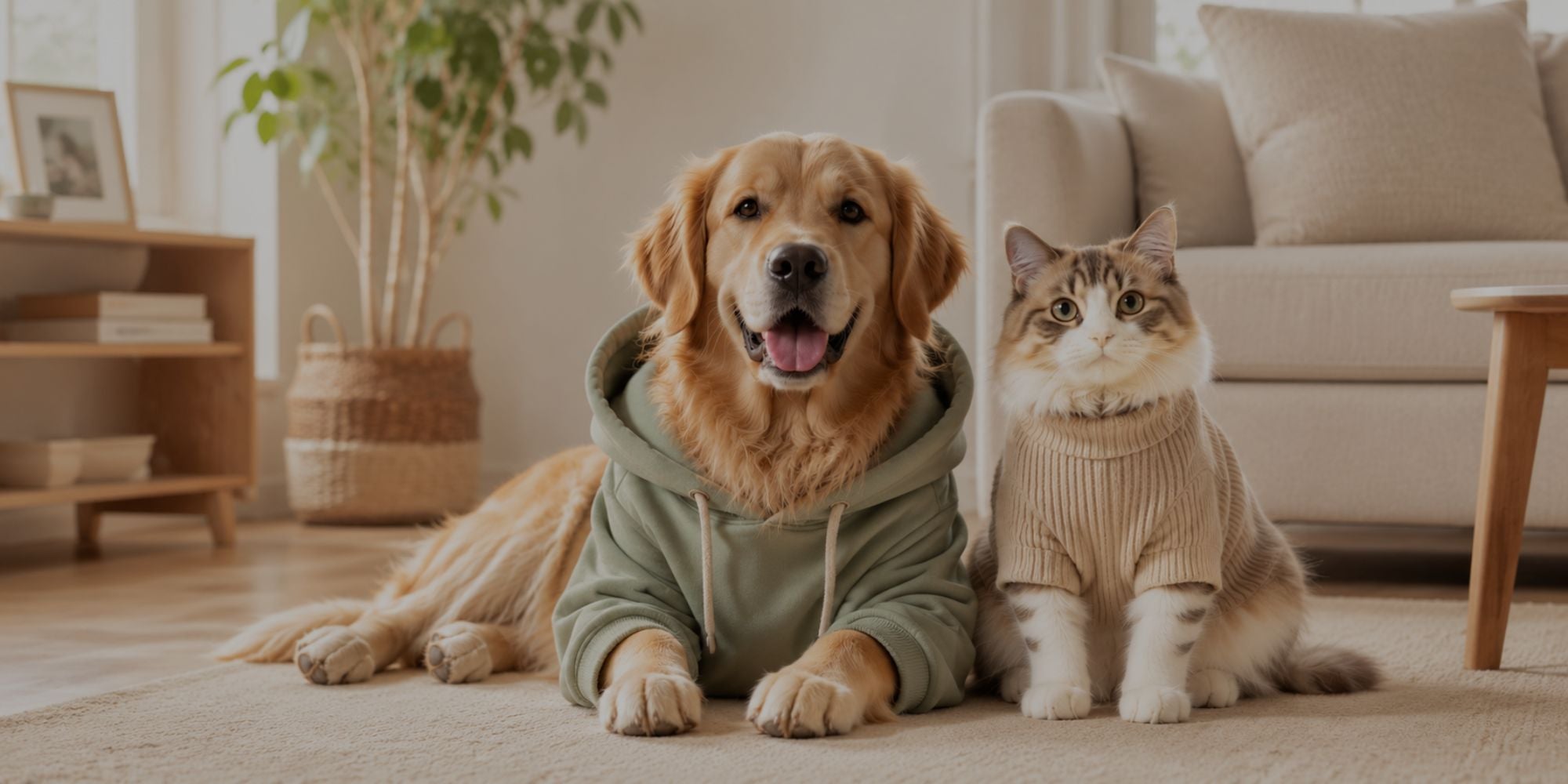 Dog and cat wearing sweaters sitting on a carpeted floor in a living room.