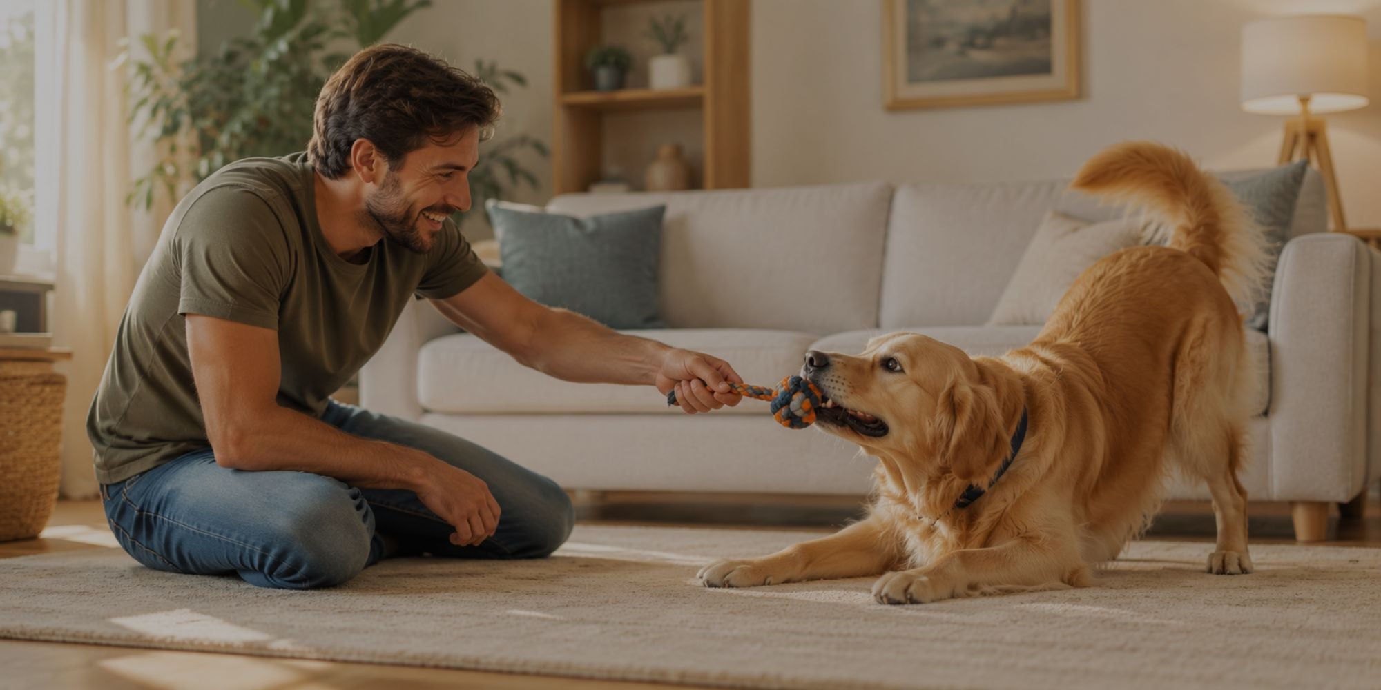 Man playing with a dog in a living room