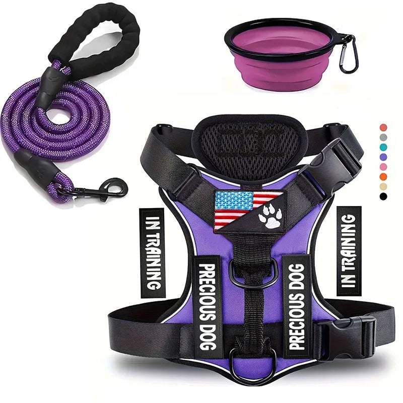 Reflective Service Dog Harness Leash Set with Folding Bowl