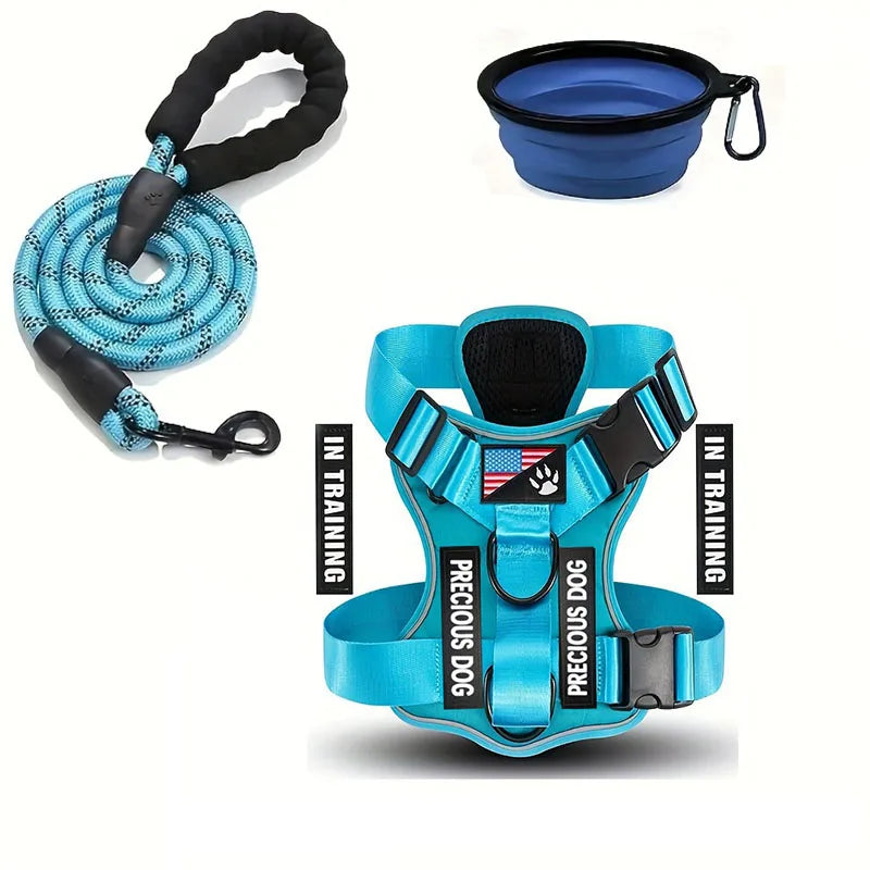 Reflective Service Dog Harness Leash Set with Folding Bowl