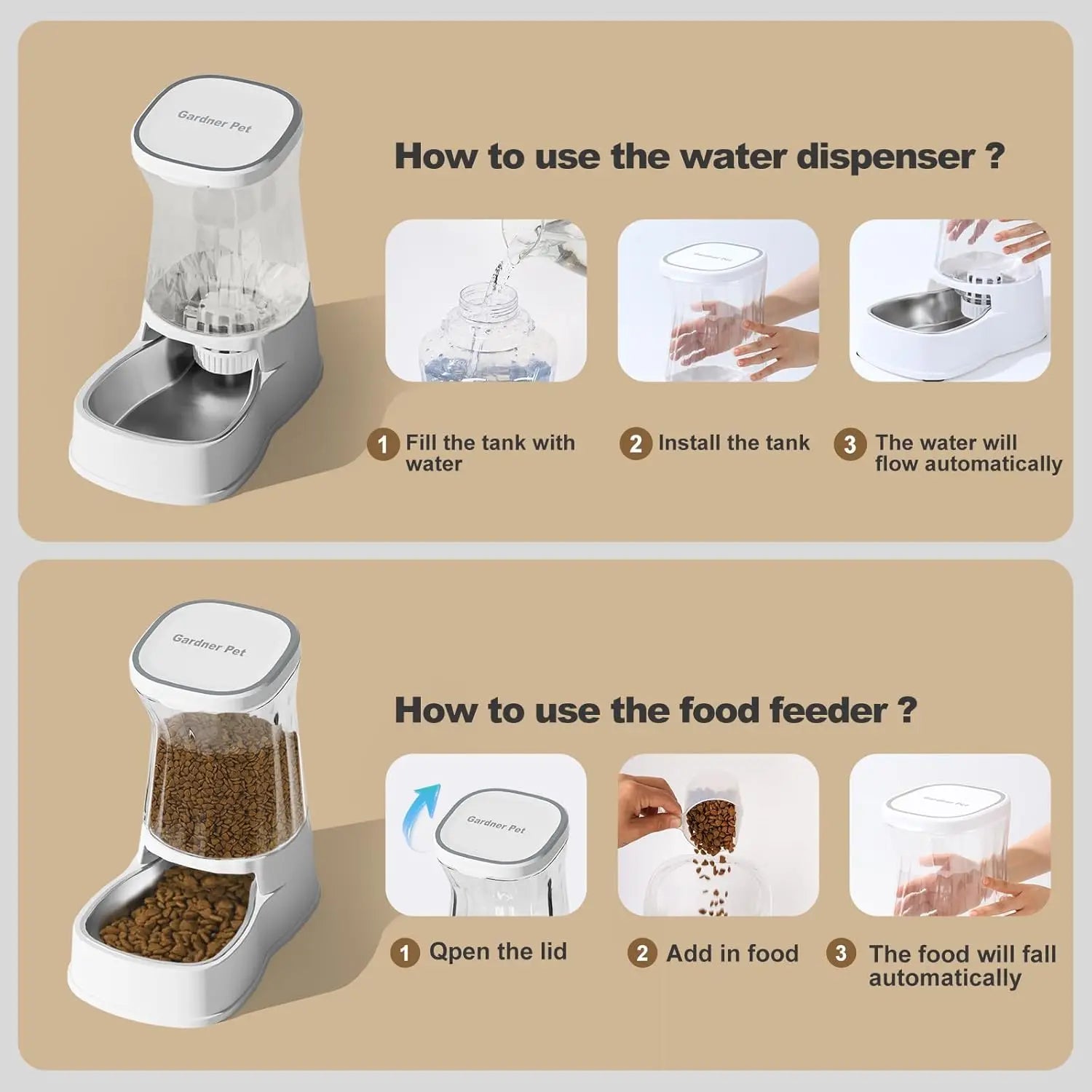 Automatic Pet Feeder Water Dispenser Set with Stainless Bowls