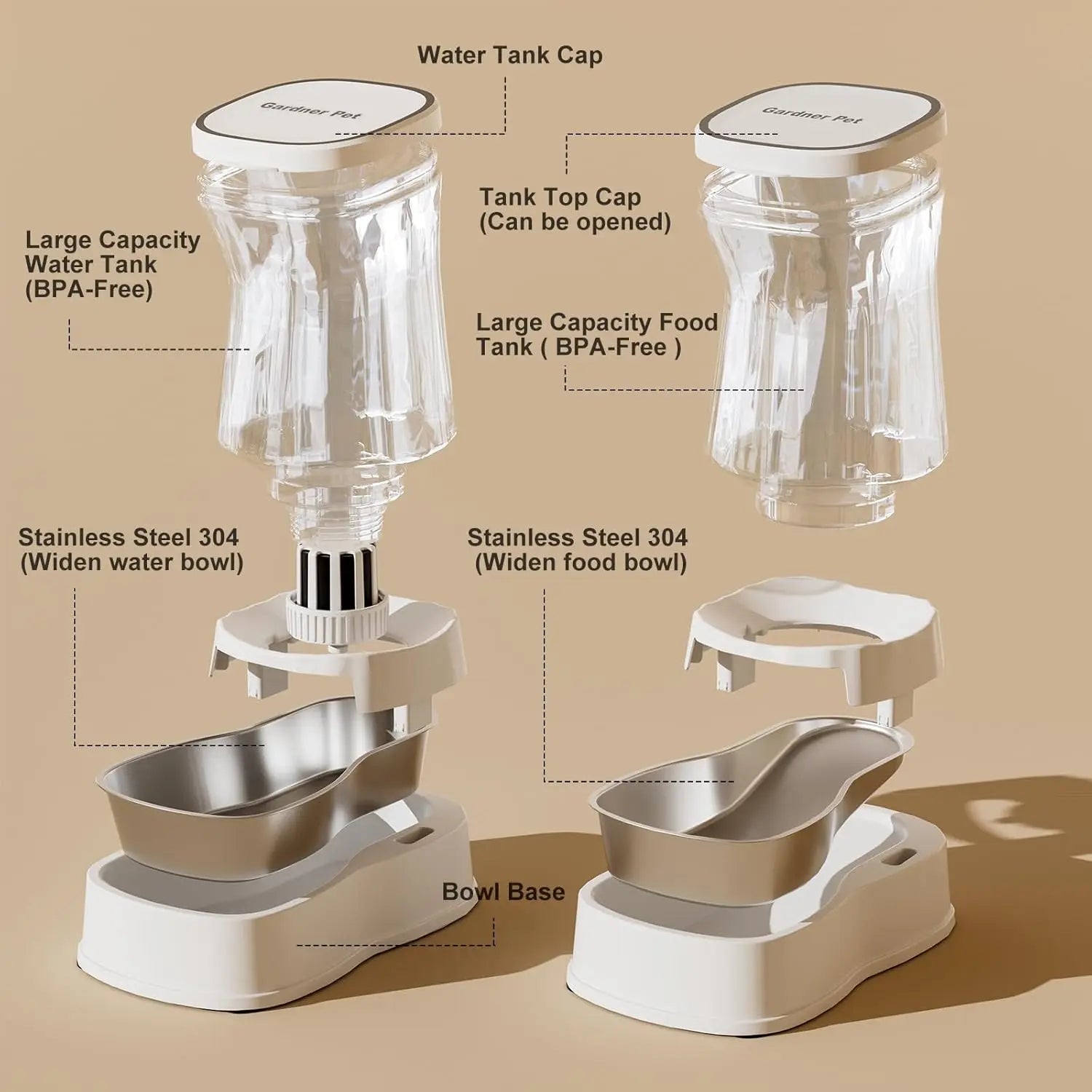 Automatic Pet Feeder Water Dispenser Set with Stainless Bowls