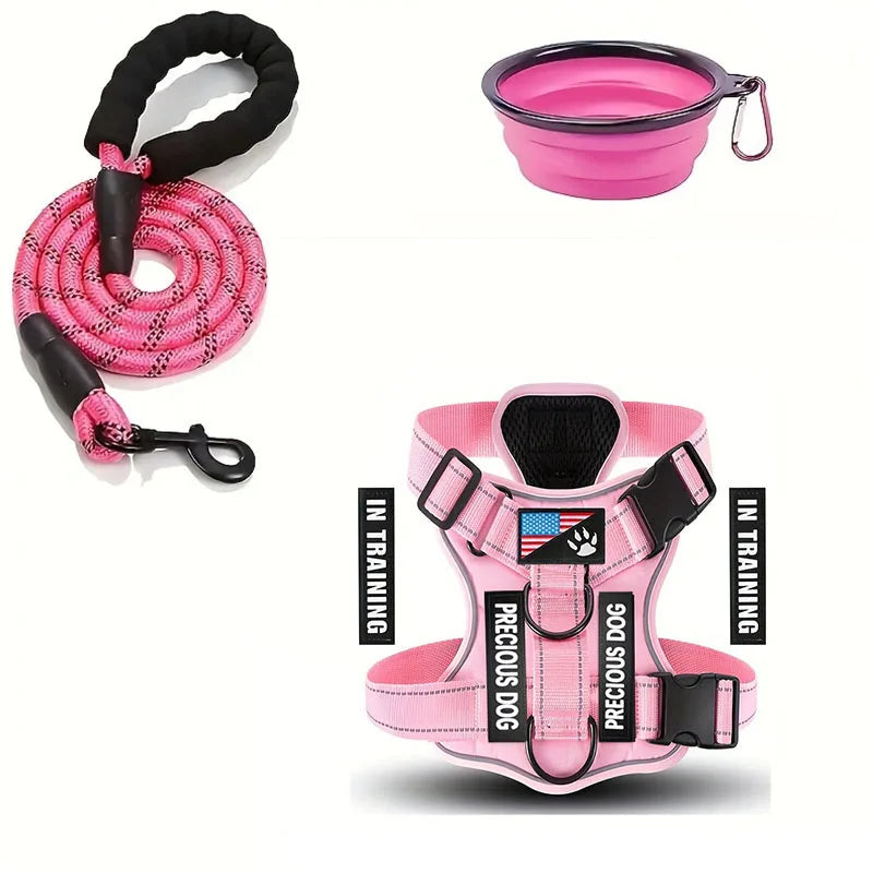 Reflective Service Dog Harness Leash Set with Folding Bowl