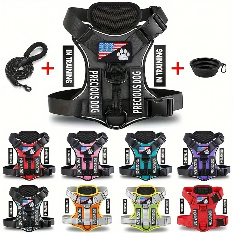 Reflective Service Dog Harness Leash Set with Folding Bowl