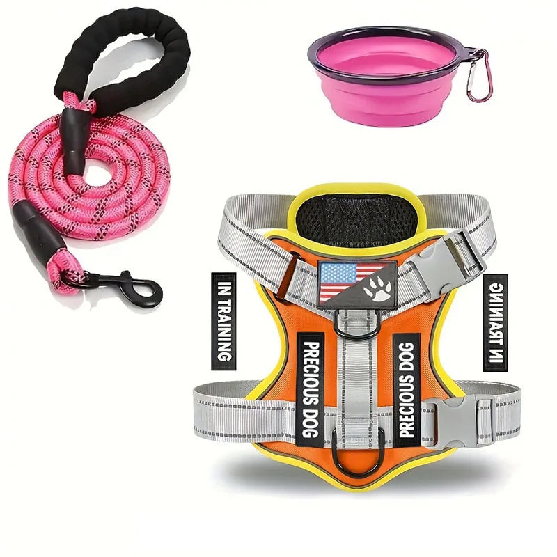 Reflective Service Dog Harness Leash Set with Folding Bowl