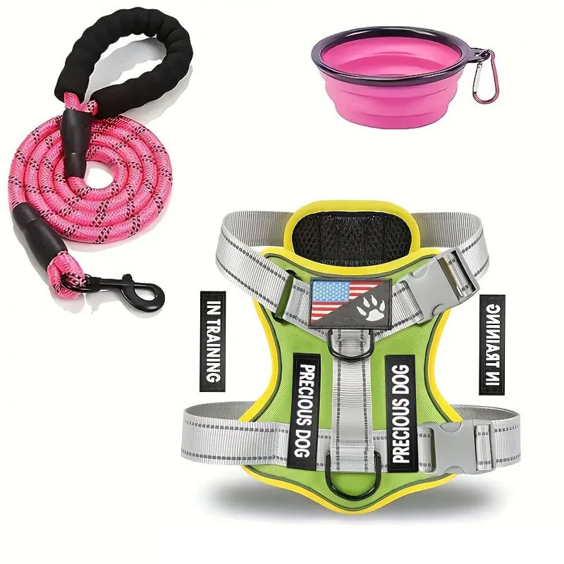Reflective Service Dog Harness Leash Set with Folding Bowl