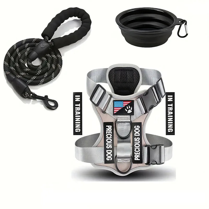 Reflective Service Dog Harness Leash Set with Folding Bowl
