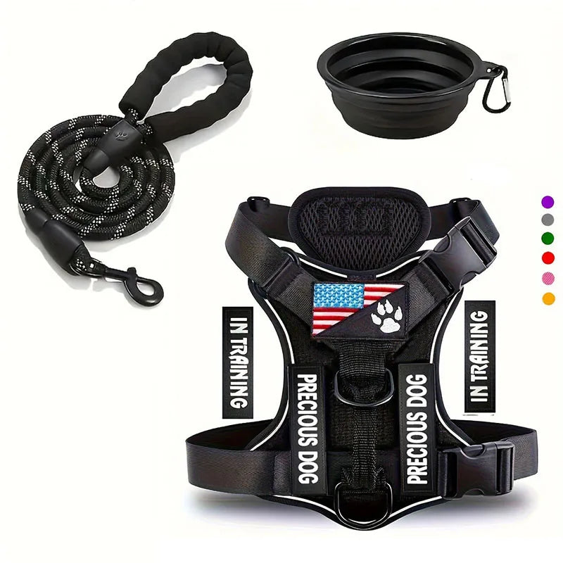 Reflective Service Dog Harness Leash Set with Folding Bowl