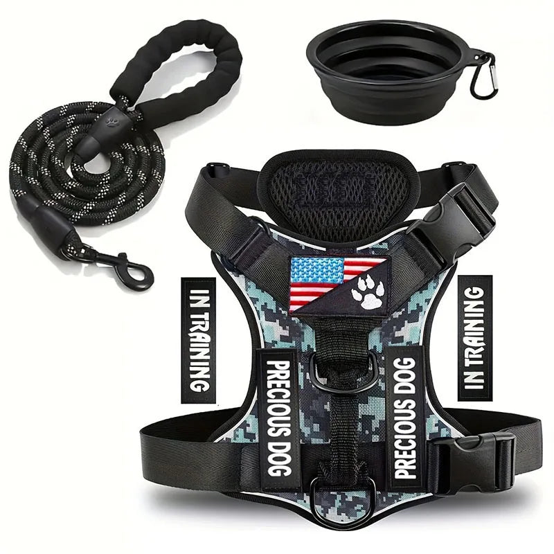Reflective Service Dog Harness Leash Set with Folding Bowl