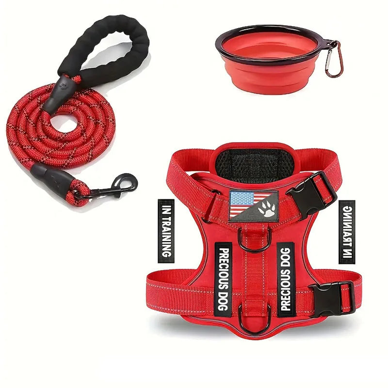 Reflective Service Dog Harness Leash Set with Folding Bowl