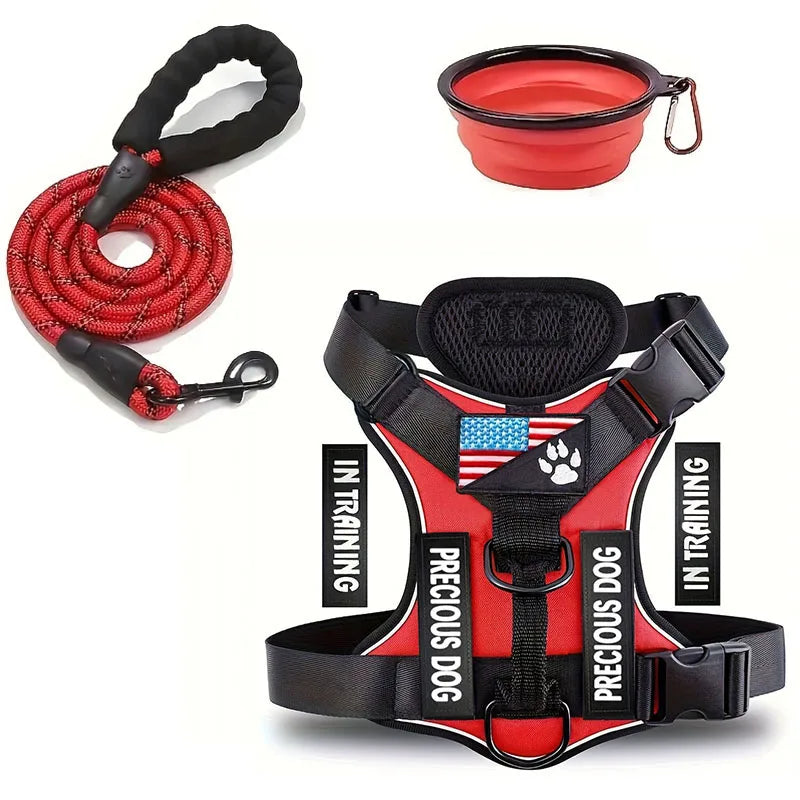 Reflective Service Dog Harness Leash Set with Folding Bowl