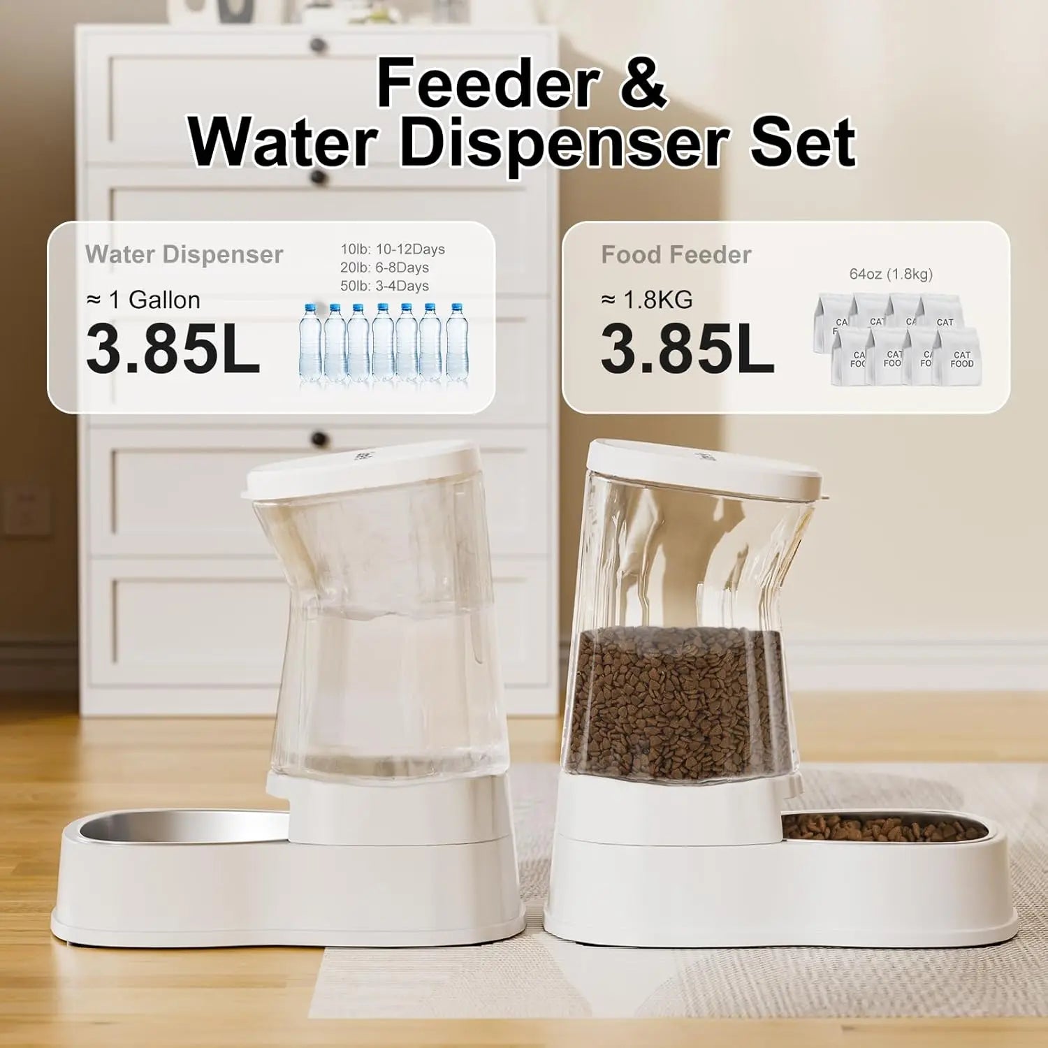 Automatic Pet Feeder Water Dispenser Set with Stainless Bowls