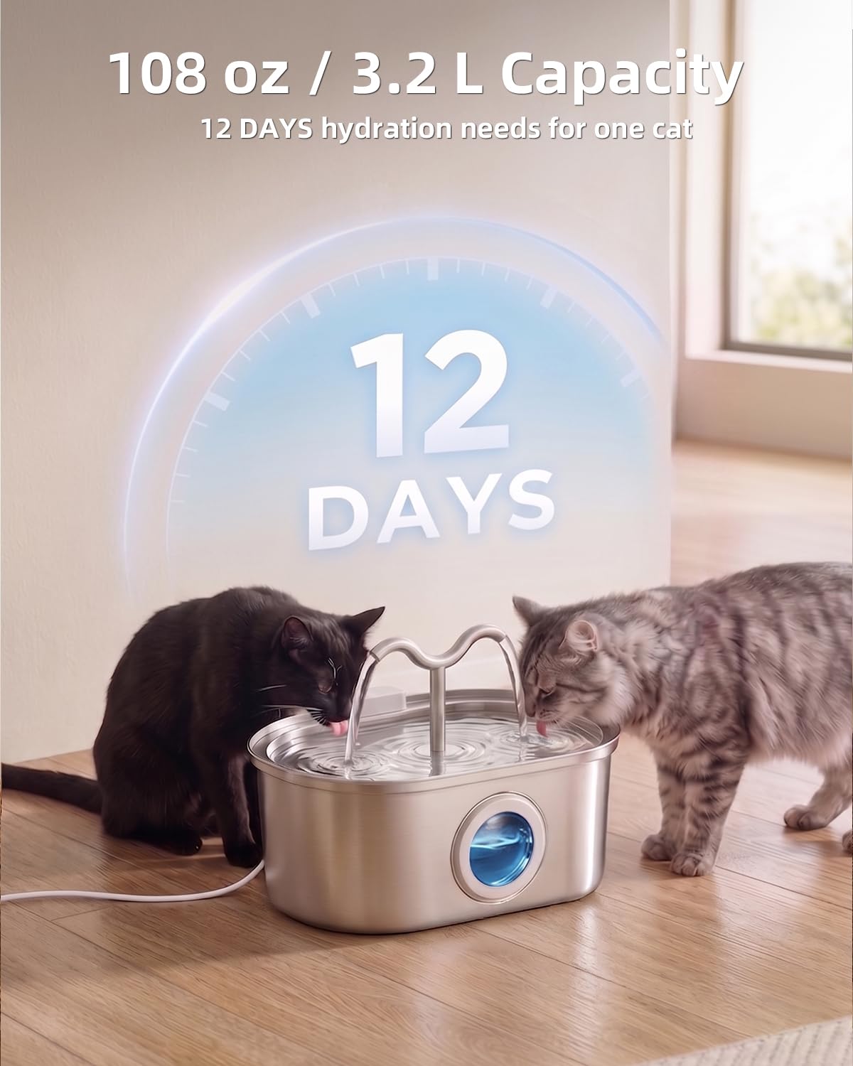 3.2L Stainless Steel Cat Water Fountain Dual Spouts
