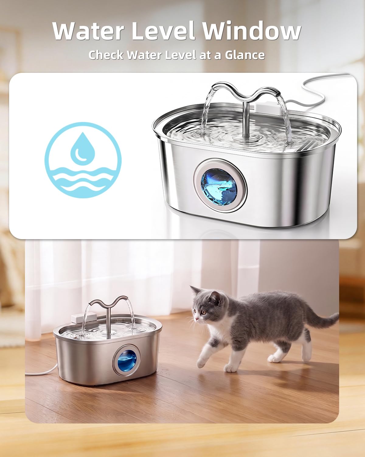 3.2L Stainless Steel Cat Water Fountain Dual Spouts